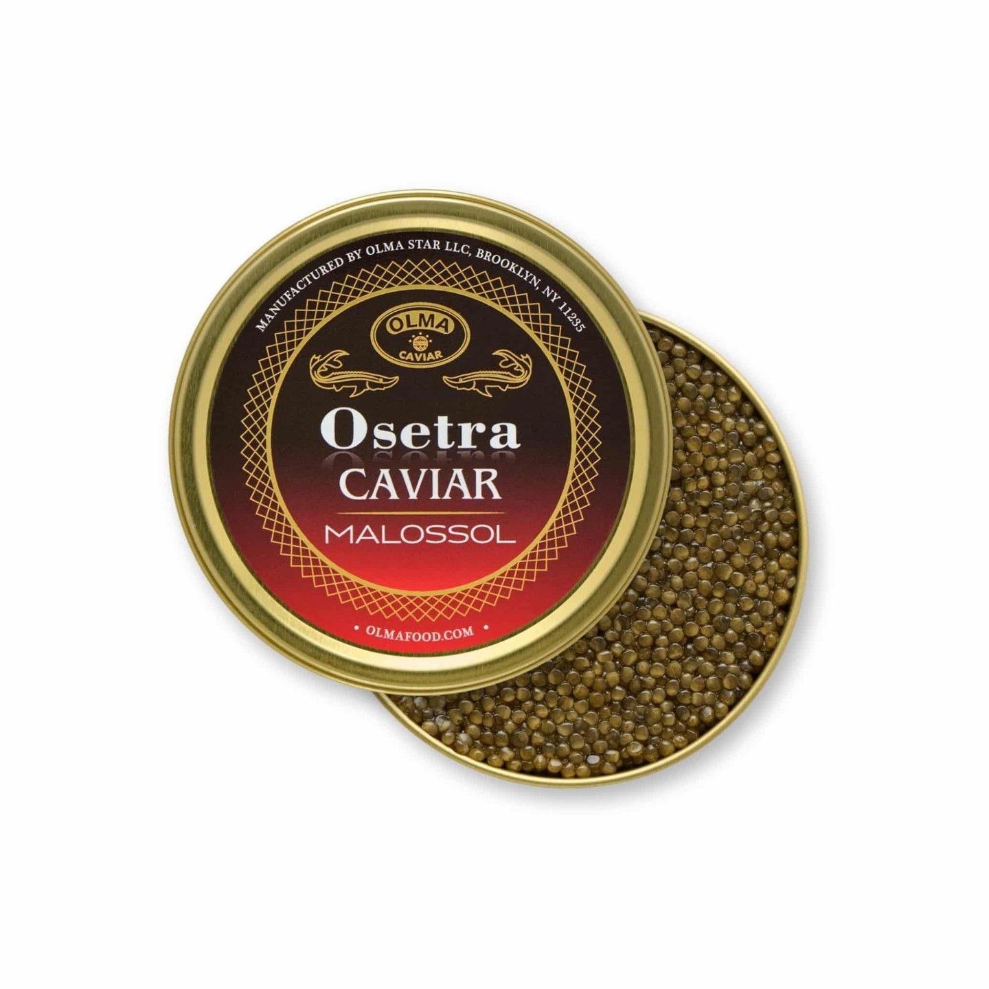 Open tin of Osetra caviar Malossol with tiny brown caviar pearls visible inside the canniest tin edge