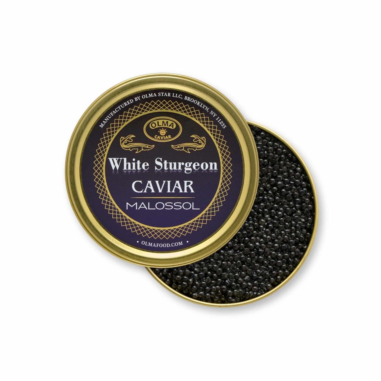 Gold tin of White Sturgeon caviar (Malossol) labeled OLMA, with black caviar pearls visible inside the lid.