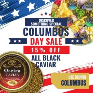 Columbus Day sale banner with blue-red graphics, bold 'ALL BLACK CAVIAR', '15% OFF', and a gold Osetra caviar tin.