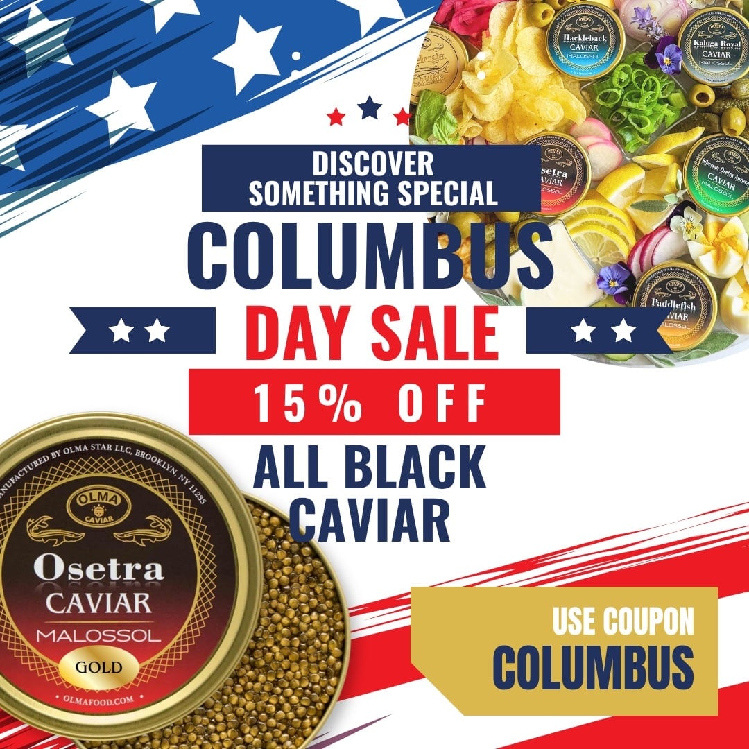 Columbus Day sale banner with blue-red graphics, bold 'ALL BLACK CAVIAR', '15% OFF', and a gold Osetra caviar tin.