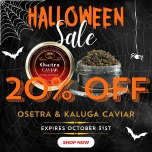 Halloween sale ad offering 20% off Osetra and Kaluga caviar; jar of caviar pictured, expires October 31; includes a prominent Shop Now button.