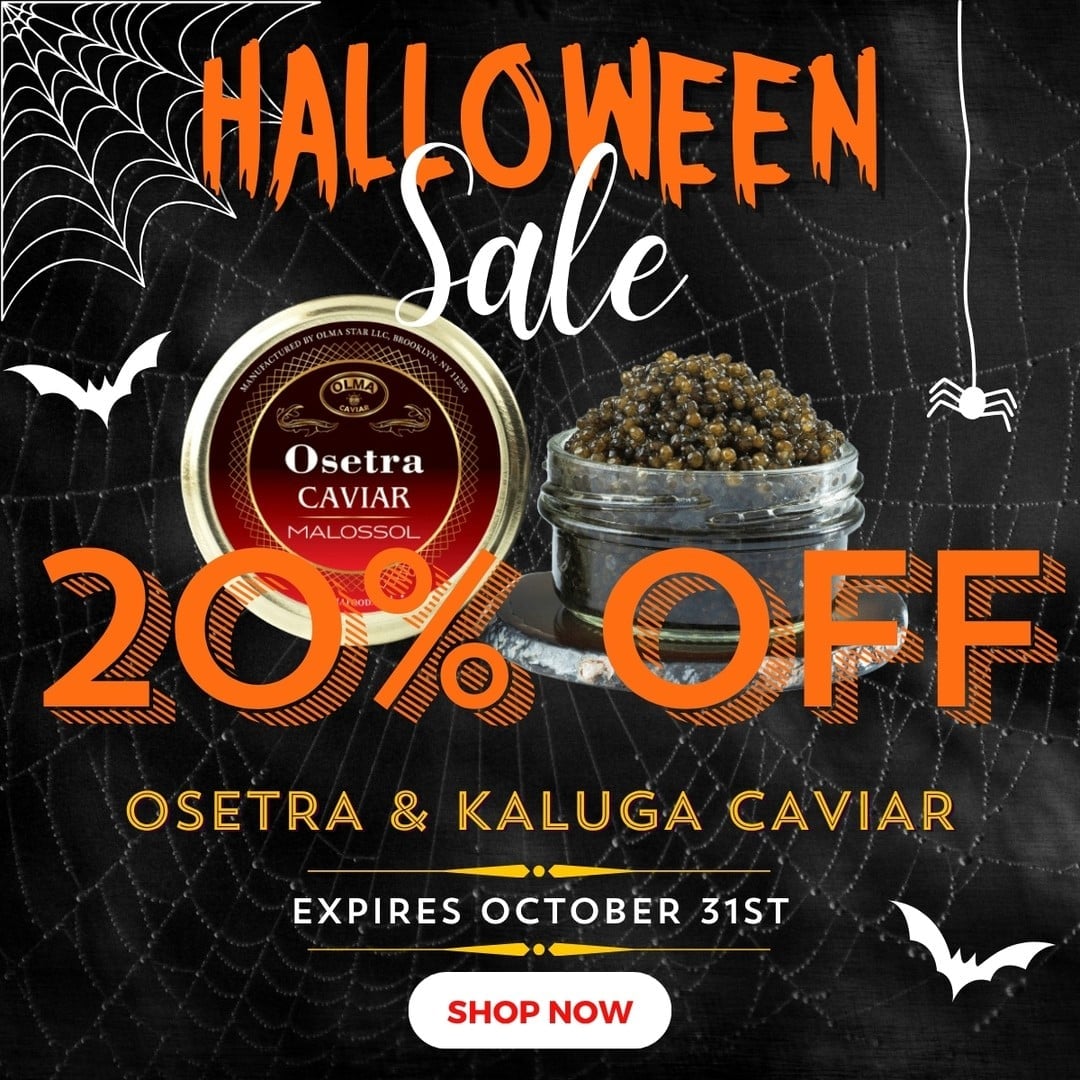 Halloween sale ad offering 20% off Osetra and Kaluga caviar; jar of caviar pictured, expires October 31; includes a prominent Shop Now button.
