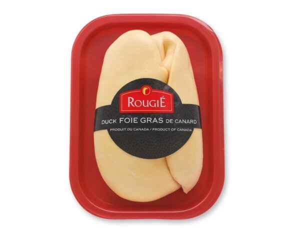 Package of Rougié duck foie gras in a red tray with a black label across the center.
