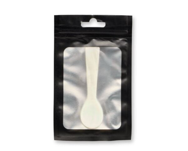 Black resealable stand-up pouch with a clear window displaying a white plastic spoon inside.