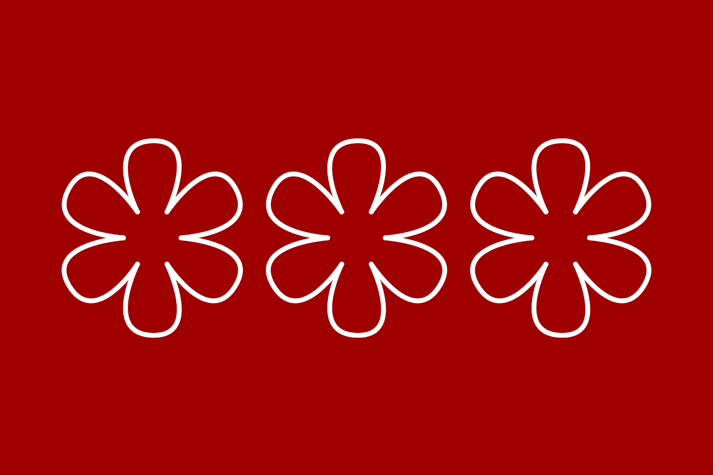 Three white outlined flower shapes in a row on a red background.