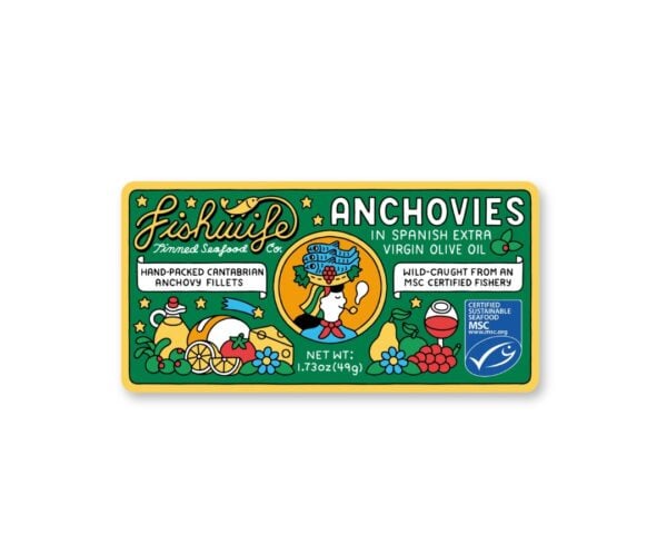 Bright product label for anchovies in Spanish extra virgin olive oil, with colorful Mediterranean graphics and a yellow border.