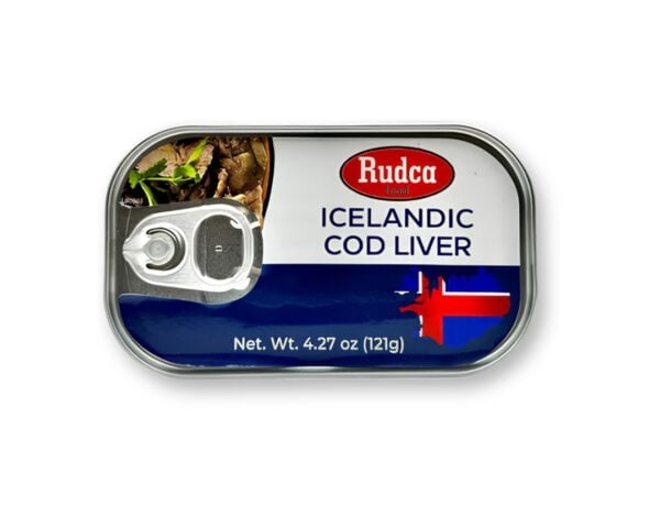 Tin can labeled Rudca Icelandic Cod Liver with an Icelandic flag graphic on the blue and white label,