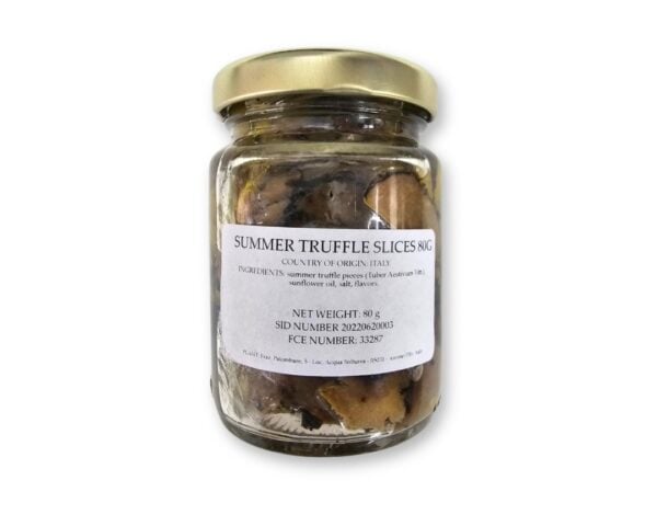 Glass jar with a gold lid containing sliced summer truffles in oil, labeled 'Summer Truffle Slices 80g', on a white background.