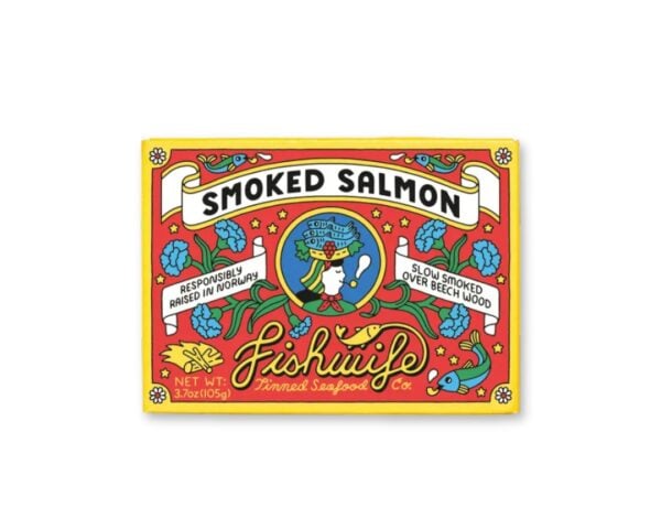 Bright red and yellow tin label for Fishwife Smoked Salmon with decorative blue flowers and fish illustrations.