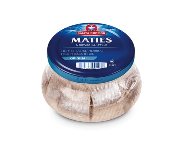 Jar of Santa Bremor Matjes Original Norwegian-style herring fillets in oil with a blue lid and barcode label visible