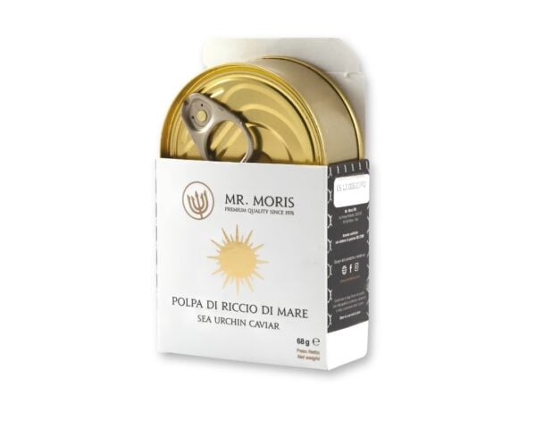 Sea urchin caviar tin in a white box labeled Mr. Moris with a sun logo on the front front panel of the packaging.