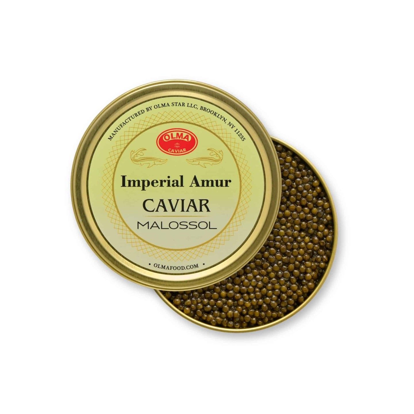 Gold tin labeled Imperial Amur Caviar Malossol, with opened lid showing brown caviar pearls inside