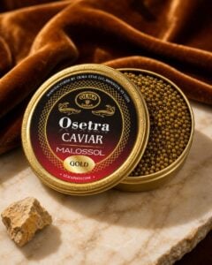 Open tin of Osetra caviar with golden label and caviar beads spilling from the lid on a marble surface, with brown velvet backdrop.
