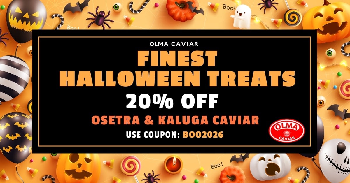Promotional Halloween banner: black framed card reads 'Finest Halloween Treats' with '20% OFF OSETRA & KALUGA CAVIAR' and coupon code, featuring the Olma Caviar logo on the right and a festive Halloween background.