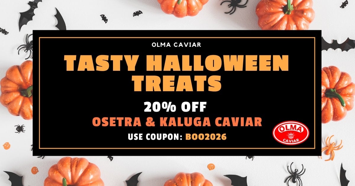 Halloween sale banner announcing 20% off OSETRA & KALUGA CAVIAR with coupon B002026, framed in black with orange text and pumpkins around.
